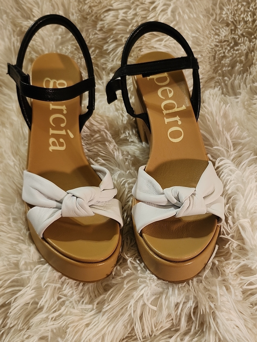 Pedro Garcia White Knotted Front Platform Sandals with Black Ankle Strap